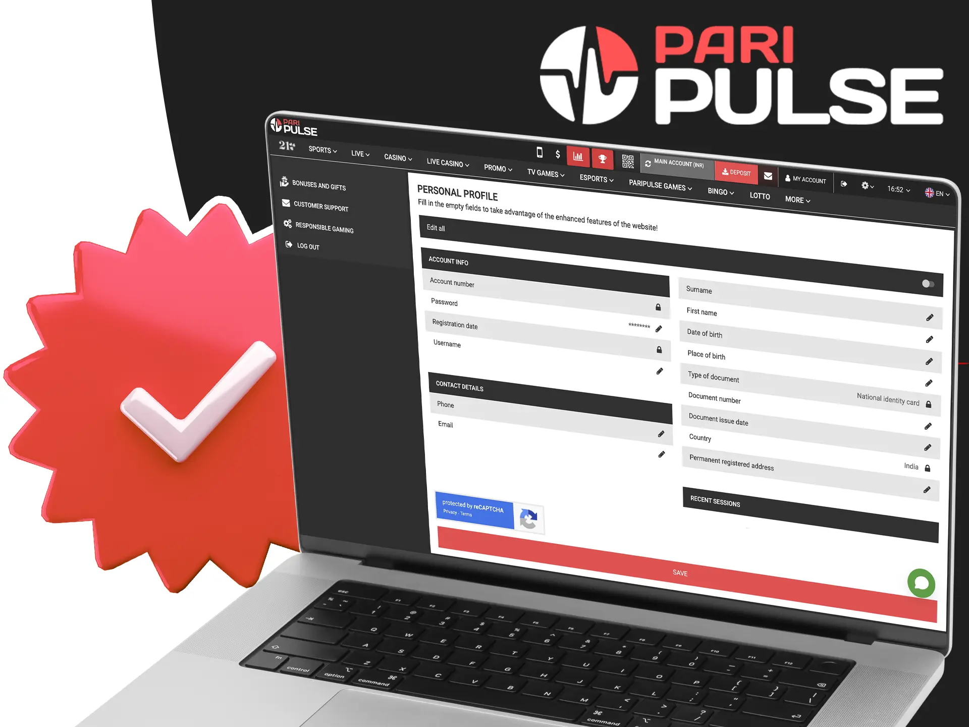 Confirm your personal account to discover the full functionality of PariPulse Casino.