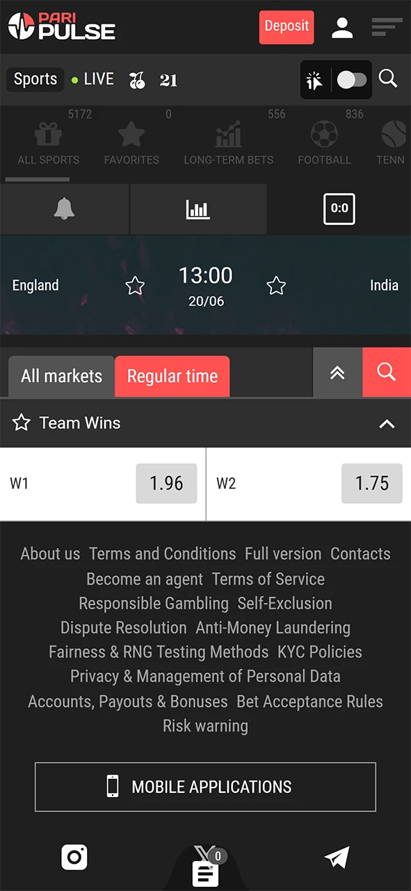 Choose the outcome of the match on PariPulse.