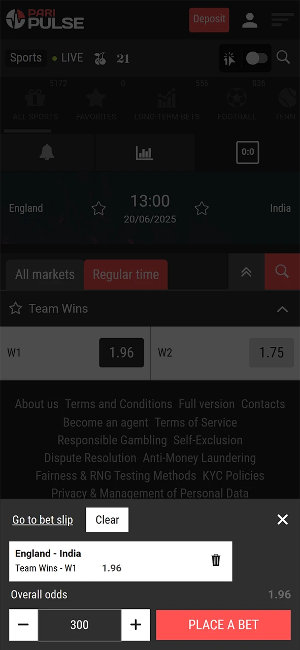 Specify the amount and place your bet on the PariPulse platform.